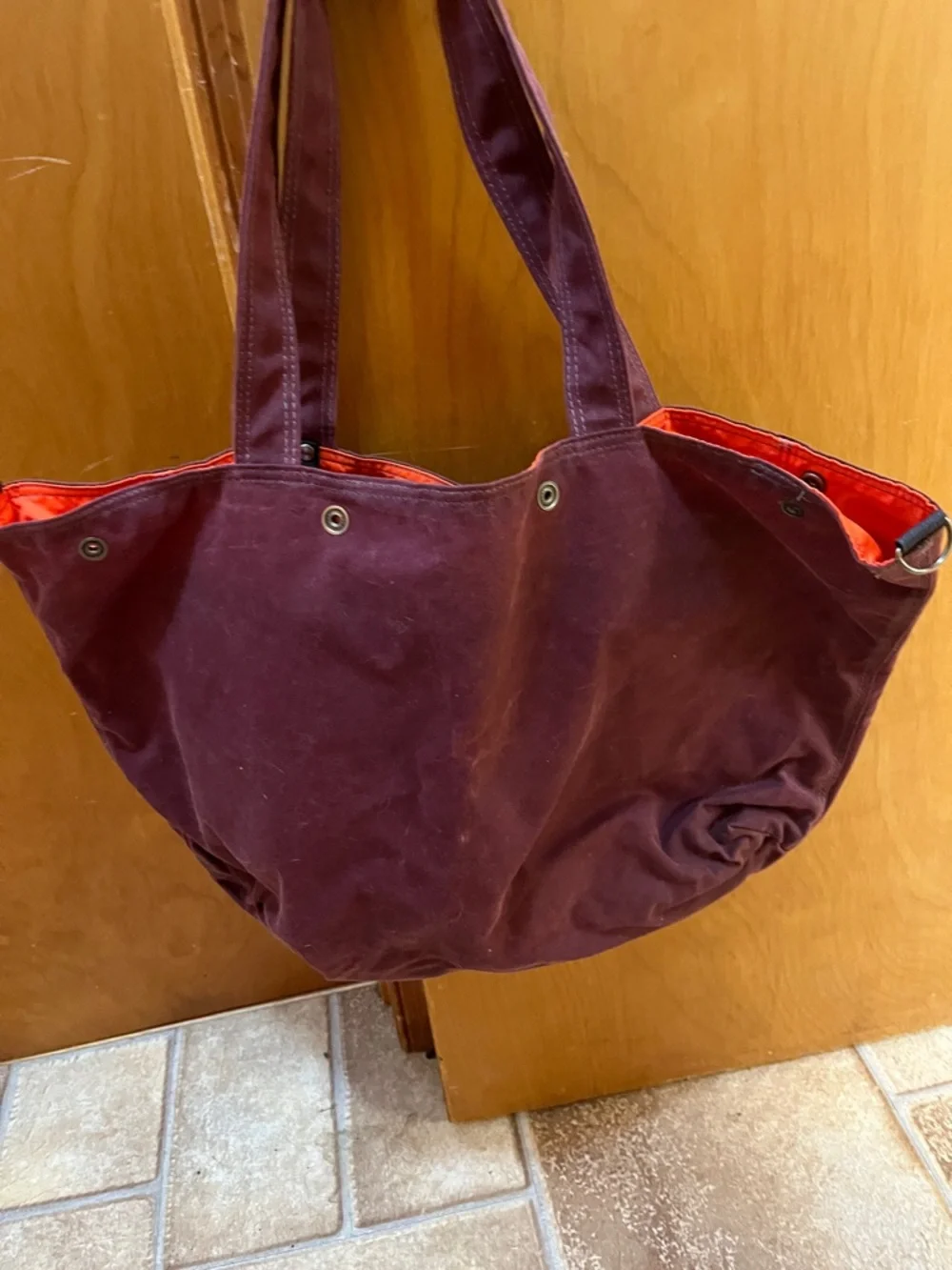 moop waxed Canvas Tote Bag in Plum with Orange lining